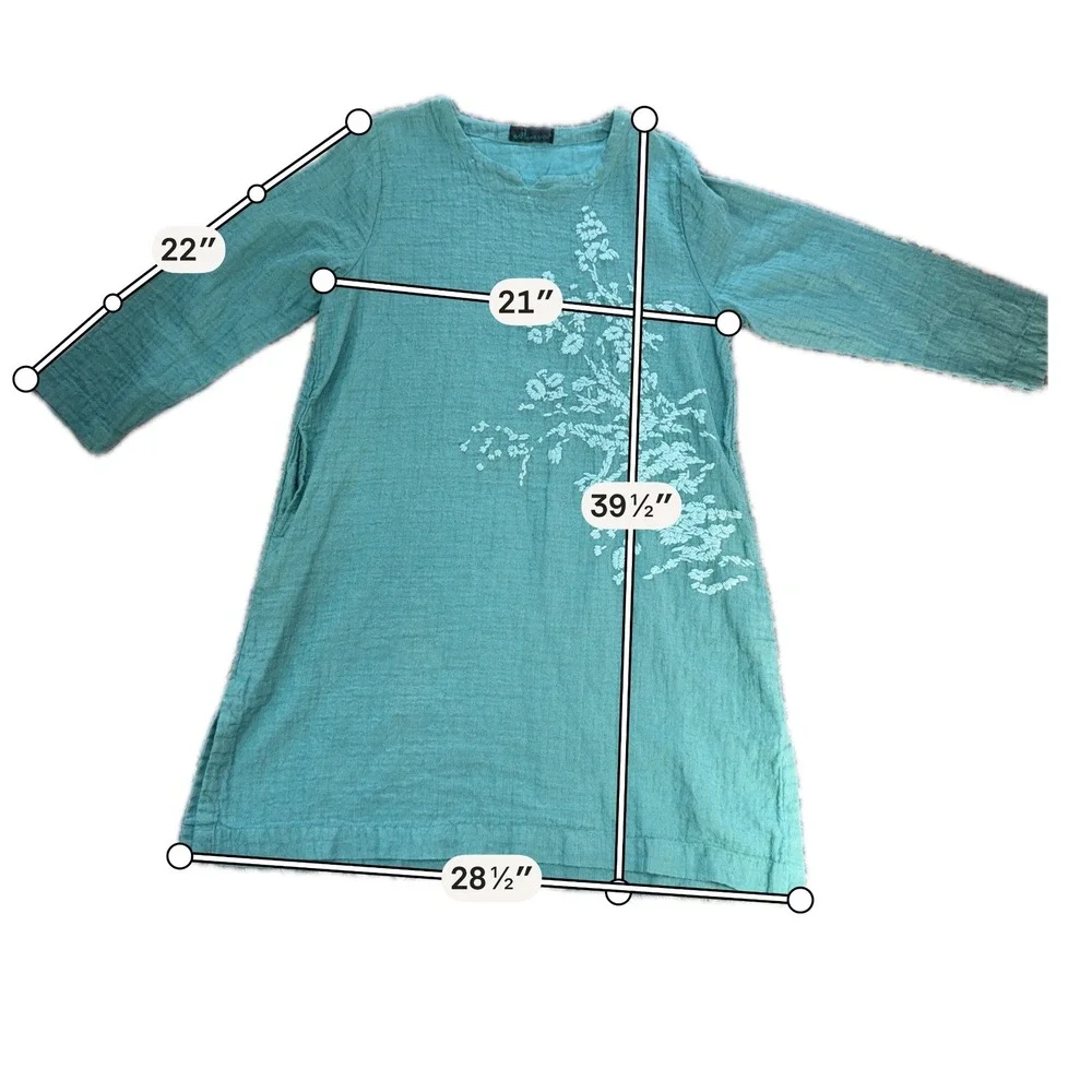 Peacock Ways 100% Linen Gauze Embroidered Tunic Dress Teal‎  Lagenlook Boho L